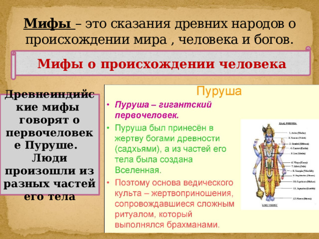 Мифы – это сказания древних народов о происхождении мира , человека и богов. Мифы о происхождении человека Древнеиндийские мифы говорят о первочеловеке Пуруше. Люди произошли из разных частей его тела 