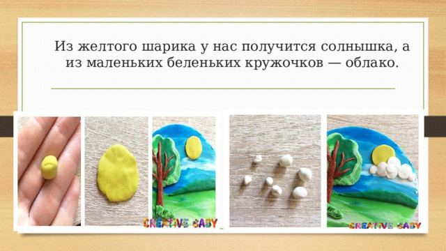  Из желтого шарика у нас получится солнышка, а из маленьких беленьких кружочков — облако. 