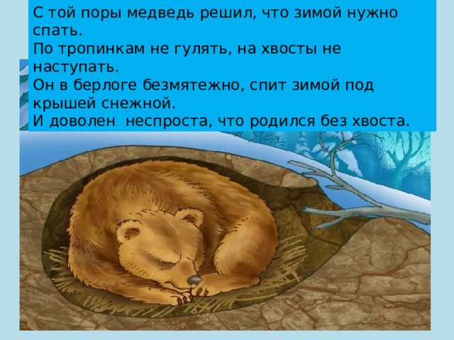 С той поры медведь решил, что зимой нужно спать. По тропинкам не гулять, на хвосты не наступать. Он в берлоге безмятежно, спит зимой под крышей снежной. И доволен неспроста, что родился без хвоста. 