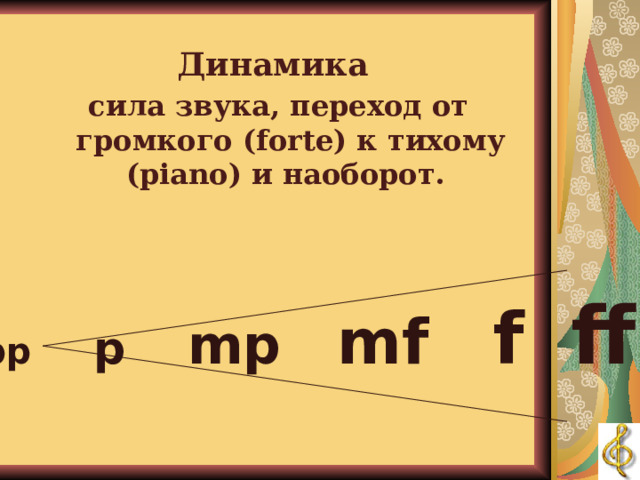 ДИНАМИКА Динамика сила звука, переход от громкого (forte) к тихому (piano) и наоборот. pp p mp mf f  ff  