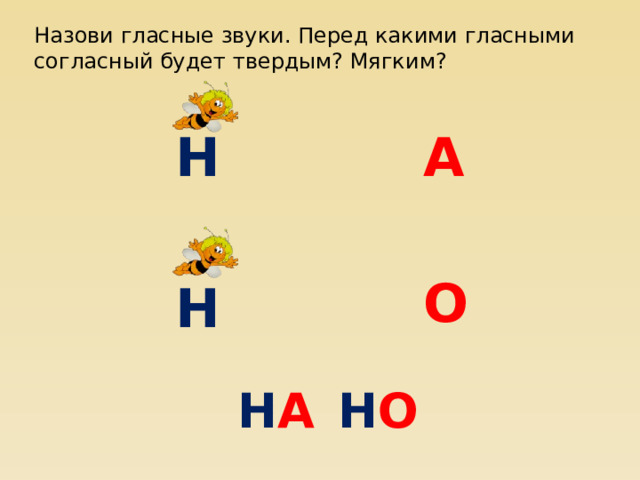 Назови гласные звуки. Перед какими гласными согласный будет твердым? Мягким? Н А О Н Н А Н О 10 