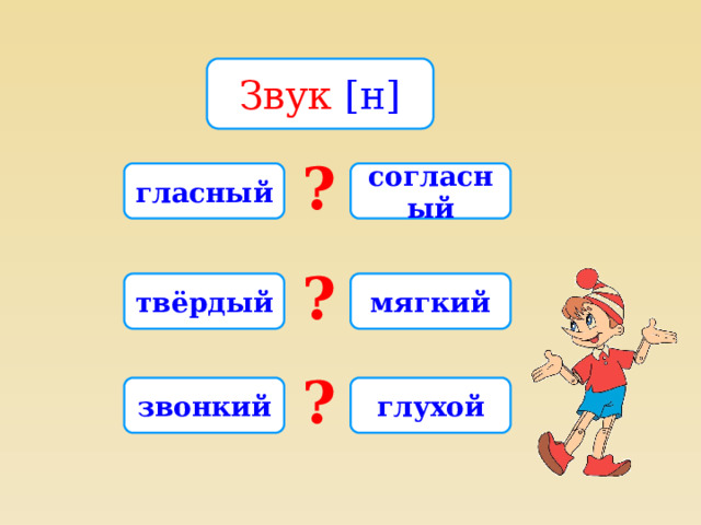 Звук [н] ? гласный согласный ? твёрдый мягкий ? звонкий глухой 