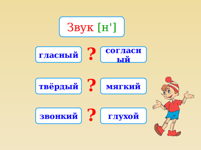 Звук [н'] ? гласный согласный ? твёрдый мягкий ? звонкий глухой 