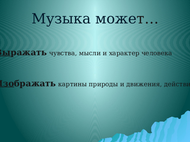 Музыка може т… Вы ражать чувства, мысли и характер человека Изо бражать картины природы и движения, действия. 