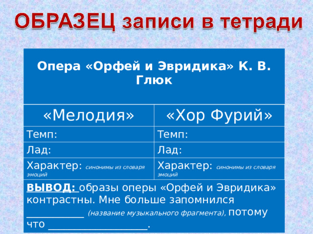  Опера «Орфей и Эвридика» К. В. Глюк  «Мелодия» «Хор Фурий» Темп: Темп: Лад: Лад: Характер: синонимы из словаря эмоций Характер: синонимы из словаря эмоций ВЫВОД: образы оперы «Орфей и Эвридика» контрастны. Мне больше запомнился ___________ (название музыкального фрагмента), потому что ___________________. 