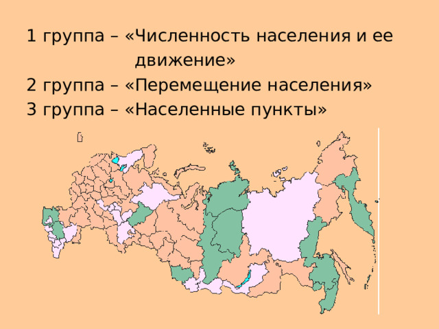 1 группа – «Численность населения и ее  движение» 2 группа – «Перемещение населения» 3 группа – «Населенные пункты» 