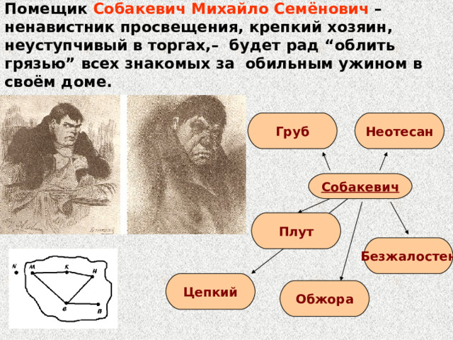 Помещик  Собакевич Михайло Семёнович  – ненавистник просвещения, крепкий хозяин, неуступчивый в торгах,– будет рад “облить грязью” всех знакомых за обильным ужином в своём доме. Неотесан Груб Собакевич Плут Безжалостен Цепкий Обжора 