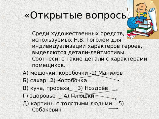 «Открытые вопросы»   Среди художественных средств, используемых Н.В. Гоголем для индивидуализации характеров героев, выделяются детали-лейтмотивы. Соотнесите такие детали с характерами помещиков. А) мешочки, коробочки    1) Манилов Б) сахар      2) Коробочка В) куча, прореха     3) Ноздрёв Г) здоровье      4) Плюшкин Д) картины с толстыми людьми  5) Собакевич 