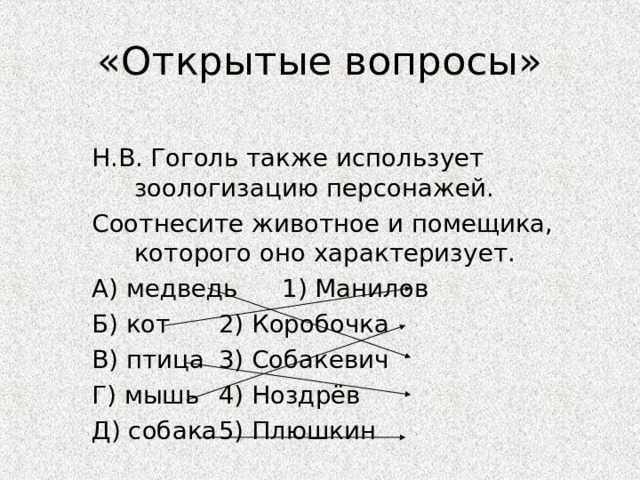 «Открытые вопросы» Н.В. Гоголь также использует зоологизацию персонажей. Соотнесите животное и помещика, которого оно характеризует. А) медведь     1) Манилов Б) кот     2) Коробочка В) птица     3) Собакевич Г) мышь     4) Ноздрёв Д) собака     5) Плюшкин 