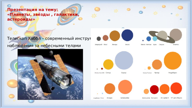Презентация на тему: «Планеты, звёзды , галактики, астероиды»  Телескоп Хаббл – современный инструмент наблюдения за небесными телами 