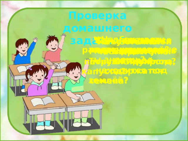 Проверка домашнего задания! Назови части растения которые ты знаешь? Что общего у разных растений? Как называется часть растения, которая находится под землёй? Как называется часть растения, в которой содержатся семена? Какую часть мы едим у петрушки, укропа, капусты? На месте какой части растения появляется плод? 