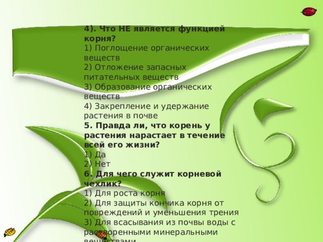 4). Что НЕ является функцией корня? 1) Поглощение органических веществ 2) Отложение запасных питательных веществ 3) Образование органических веществ 4) Закрепление и удержание растения в почве 5. Правда ли, что корень у растения нарастает в течение всей его жизни? 1) Да 2) Нет 6. Для чего служит корневой чехлик? 1) Для роста корня 2) Для защиты кончика корня от повреждений и уменьшения трения 3) Для всасывания из почвы воды с растворенными минеральными веществами 4) Для поставки минеральных солей в наземную часть растения 