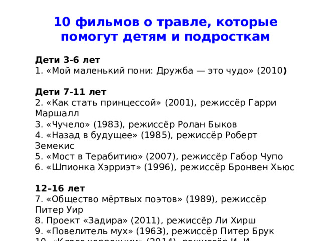 10 фильмов о травле, которые помогут детям и подросткам  Дети 3-6 лет 1. «Мой маленький пони: Дружба — это чудо» (2010 )  Дети 7-11 лет 2. «Как стать принцессой» (2001), режиссёр Гарри Маршалл 3. «Чучело» (1983), режиссёр Ролан Быков 4. «Назад в будущее» (1985), режиссёр Роберт Земекис 5. «Мост в Терабитию» (2007), режиссёр Габор Чупо 6. «Шпионка Хэрриэт» (1996), режиссёр Бронвен Хьюс  12–16 лет 7. «Общество мёртвых поэтов» (1989), режиссёр Питер Уир 8. Проект «Задира» (2011), режиссёр Ли Хирш 9. «Повелитель мух» (1963), режиссёр Питер Брук 10. «Класс коррекции» (2014), режиссёр И. И. Твердовский    