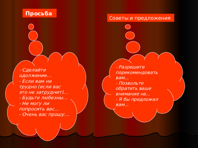 Просьба  Советы и предложения - Сделайте одолжение… - Если вам не трудно (если вас это не затруднит)… - Будьте любезны… - Не могу ли попросить вас… - Очень вас прошу…  - Разрешите порекомендовать вам… - Позвольте обратить ваше внимание на… - Я бы предложил вам…  