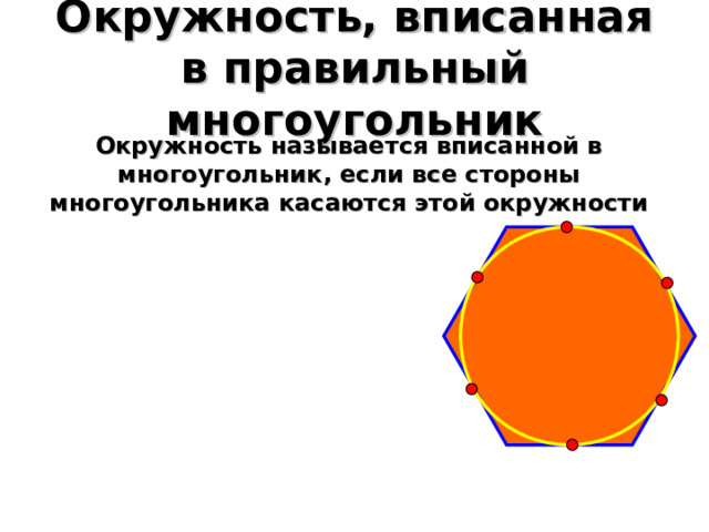 Окружность, вписанная в правильный многоугольник Окружность называется вписанной в многоугольник, если все стороны многоугольника касаются этой окружности 