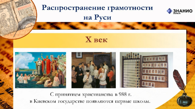 Грамотность на руси 4 класс. Распространение грамотности на Руси. Первые школы на Руси. Грамотность в 10 веке на Руси. Первые школы на Руси 988 г.