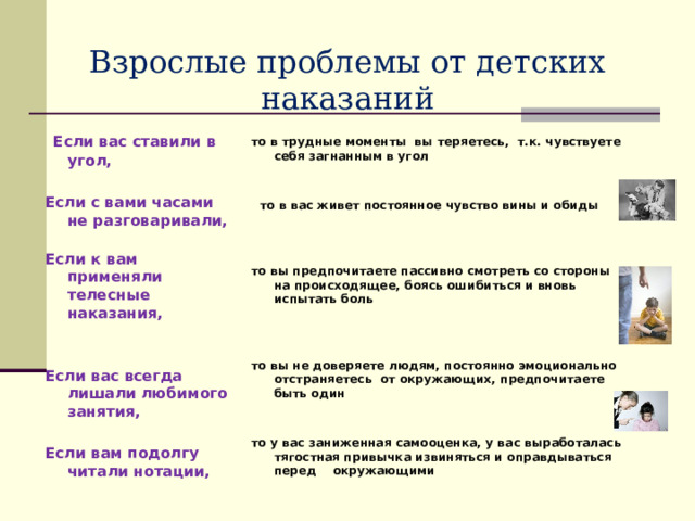 Взрослые проблемы от детских наказаний  Если вас ставили в угол,  Если с вами часами не разговаривали,   Если к вам применяли телесные наказания,   Если вас всегда лишали любимого занятия,  Если вам подолгу читали нотации,  то в трудные моменты вы теряетесь, т.к. чувствуете себя загнанным в угол    то в вас живет постоянное чувство вины и обиды    то вы предпочитаете пассивно смотреть со стороны на происходящее, боясь ошибиться и вновь испытать боль    то вы не доверяете людям, постоянно эмоционально отстраняетесь от окружающих, предпочитаете быть один   то у вас заниженная самооценка, у вас выработалась тягостная привычка извиняться и оправдываться перед окружающими 