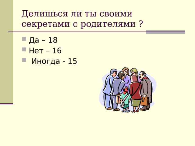 Делишься ли ты своими секретами с родителями ? Да – 18 Нет – 16  Иногда - 15 