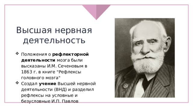 Высшая нервная деятельность Положения о рефлекторной деятельности мозга были высказаны И.М. Сеченовым в 1863 г. в книге 