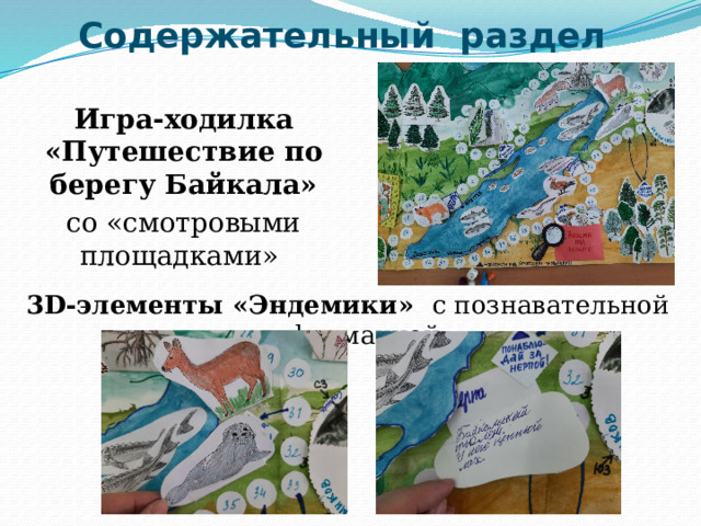 Содержательный раздел Игра-ходилка «Путешествие по берегу Байкала» со «смотровыми площадками» 3D-элементы «Эндемики» с познавательной информацией 