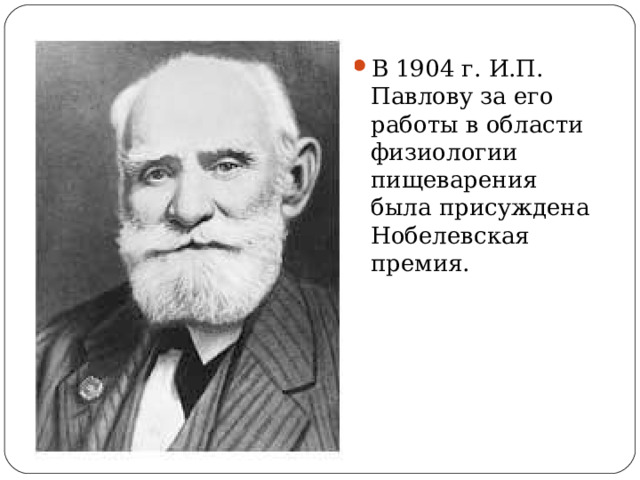В 1904 г. И.П. Павлову за его работы в области физиологии пищеварения была присуждена Нобелевская премия. 