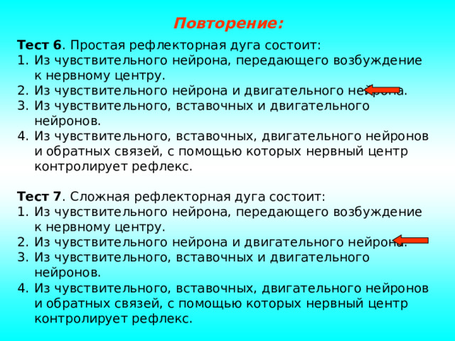 Повторение: Тест 6 . Простая рефлекторная дуга состоит: Из чувствительного нейрона, передающего возбуждение к нервному центру. Из чувствительного нейрона и двигательного нейрона. Из чувствительного, вставочных и двигательного нейронов. Из чувствительного, вставочных, двигательного нейронов и обратных связей, с помощью которых нервный центр контролирует рефлекс.  Тест 7 . Сложная рефлекторная дуга состоит: Из чувствительного нейрона, передающего возбуждение к нервному центру. Из чувствительного нейрона и двигательного нейрона. Из чувствительного, вставочных и двигательного нейронов. Из чувствительного, вставочных, двигательного нейронов и обратных связей, с помощью которых нервный центр контролирует рефлекс. 