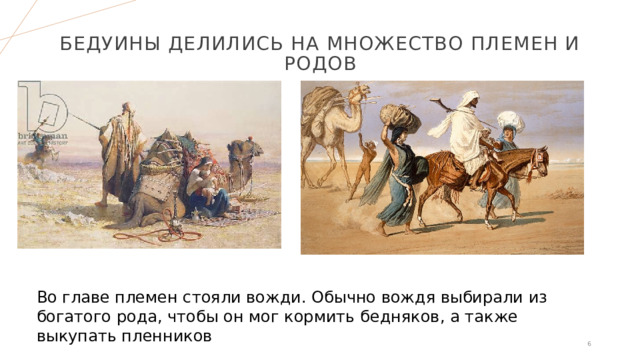 Бедуины делились на множество племен и родов Во главе племен стояли вожди. Обычно вождя выбирали из богатого рода, чтобы он мог кормить бедняков, а также выкупать пленников  