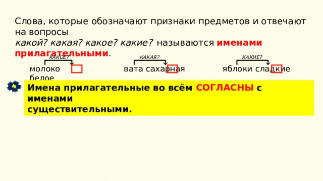 Слова, которые обозначают признаки предметов и отвечают на вопросы какой? какая? какое? какие?  называются именами прилагательными . КАКИЕ? КАКАЯ? КАКОЕ? яблоки сладкие вата сахарная молоко белое Имена прилагательные во всём СОГЛАСНЫ с именами существительными.  