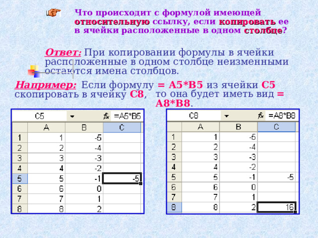 При перемещении или копировании формулы относительные ссылки