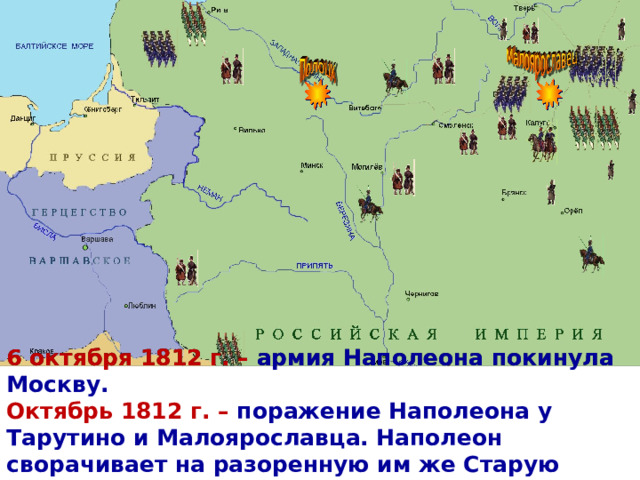 6 октября 1812 г. – армия Наполеона покинула Москву.  Октябрь 1812 г. – поражение Наполеона у Тарутино и Малоярославца. Наполеон сворачивает на разоренную им же Старую Смоленскую дорогу. 