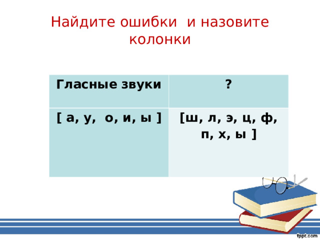 Найдите ошибки и назовите колонки Гласные звуки ? [ а, у, о, и, ы ] [ш, л, э, ц, ф, п, х, ы ] 