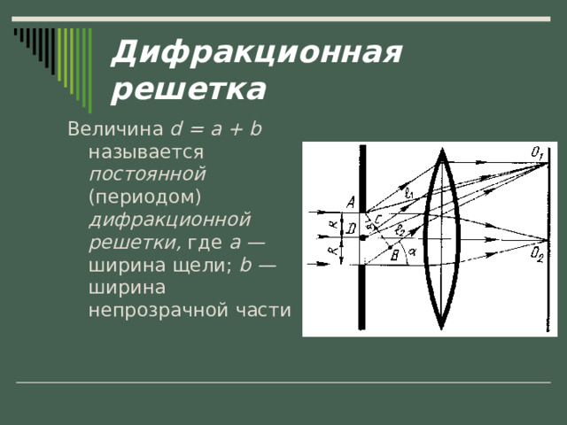 Дифракционная решетка Величина  d = a + b называется постоянной (периодом) дифракционной решетки, где а — ширина щели;  b — ширина непрозрачной части 