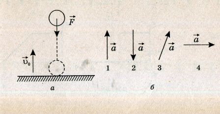 На рисунке показаны направления скорости и ускорения мяча скорость мяча не изменяется увеличивается