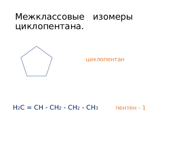 Межклассовые изомеры циклопентана.  циклопентан  Н 2 С = СН - СН 2 - СН 2 - СН 3 пентен - 1 