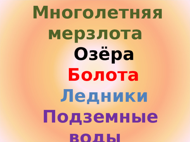  Многолетняя мерзлота  Озёра   Болота  Ледники   Подземные воды   