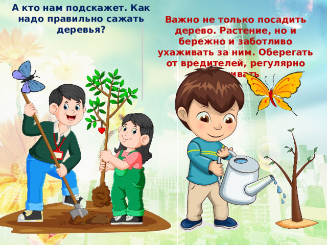 А кто нам подскажет. Как надо правильно сажать деревья? Важно не только посадить дерево. Растение, но и бережно и заботливо ухаживать за ним. Оберегать от вредителей, регулярно поливать 