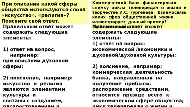 Коммерческий банк финансировал съёмку цикла телепередач о жизни и творчестве И.С. Тургенева. Взаимосвязь каких сфер общественной жизни иллюстрирует данный пример? Поясните свой ответ. При описании какой сферы общества используются слова «искусство», «религия»? Поясните свой ответ. Правильный ответ может содержать следующие элементы: Правильный ответ может содержать следующие элементы:  ответ на вопрос: ответ на вопрос, например: экономической /экономики и духовной/духовной культуры; при описании духовной сферы;   2) пояснение, например: 2) пояснение, например: коммерческая деятельность банка, направленная на получение прибыли, распоряжение средствами, относится прежде всего к экономической сфере общества; цикл телепередач о жизни и творчестве русского писателя И.С. Тургенева – к духовной. искусство и религия являются элементами культуры и связаны с созданием, распространением и потреблением культурных ценностей. 