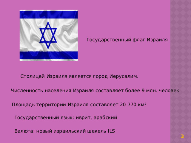 Государственный флаг Израиля Столицей Израиля является город Иерусалим.  Численность населения Израиля составляет более 9 млн. человек  Площадь территории Израиля составляет 20 770 км² Государственный язык: иврит, арабский Валюта: новый израильский шекель ILS  3 