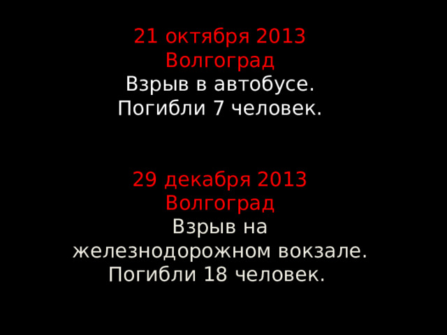 21 октября 2013 Волгоград Взрыв в автобусе. Погибли 7 человек. 29 декабря 2013 Волгоград Взрыв на железнодорожном вокзале. Погибли 18 человек. 