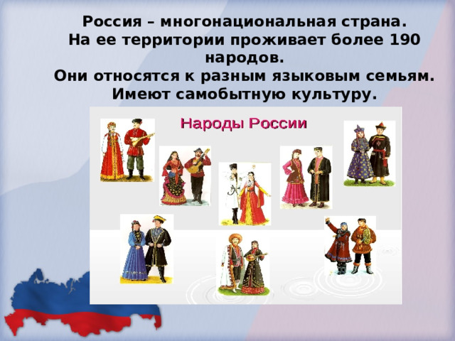 Россия – многонациональная страна.  На ее территории проживает более 190 народов.  Они относятся к разным языковым семьям.  Имеют самобытную культуру.   