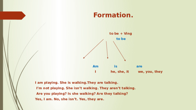 Formation.  to be + Ving  to be      Am is are  I he, she, it we, you, they  I am playing. She is walking.They are talking.  I’m not playing. She isn’t walking. They aren’t talking.  Are you playing? Is she walking? Are they talking? Yes, I am. No, she isn’t. Yes, they are.   