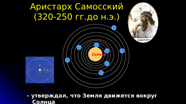 Аристарх Самосский  (320-250 гг.до н.э.) Солнце - утверждал, что Земля движется вокруг Солнца 