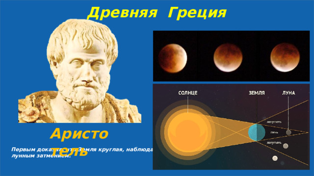 Древняя Греция Аристотель Первым доказал, что Земля круглая, наблюдая за лунным затмением. 