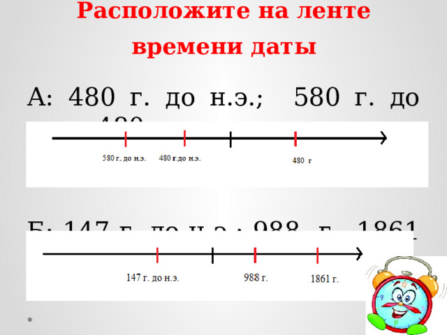 Расположите на ленте времени даты А: 480 г. до н.э.; 580 г. до н.э.; 480 г. Б: 147 г. до н.э.; 988 г., 1861 г. 