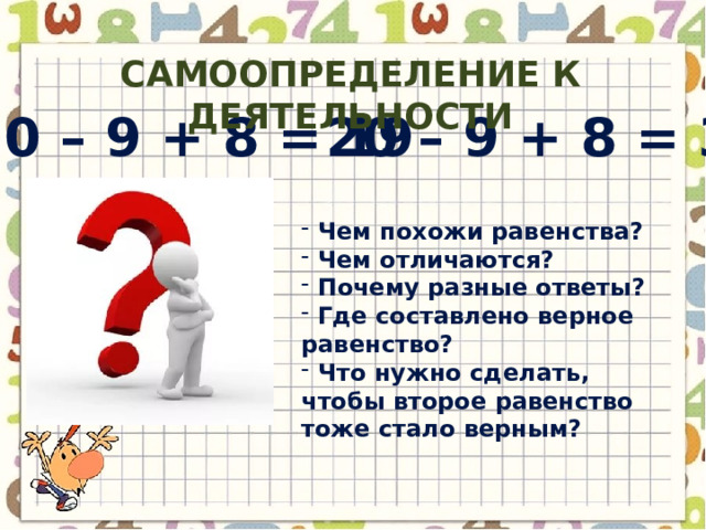 Самоопределение к деятельности 20 – 9 + 8 = 19 20 – 9 + 8 = 3  Чем похожи равенства?  Чем отличаются?  Почему разные ответы?  Где составлено верное равенство?  Что нужно сделать, чтобы второе равенство тоже стало верным? 