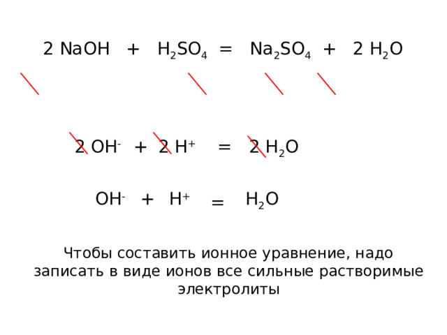 + 2 H 2 O 2 H + +SO 4 2- + 2 OH - + 2 Na + 2 NaOH + H 2 SO 4 = Na 2 SO 4 + 2 H 2 O = 2 Na + +  SO 4 2- + = 2 H + 2 H 2 O 2 OH - OH - + H 2 O H + = Чтобы составить ионное уравнение, надо записать в виде ионов все сильные растворимые электролиты 