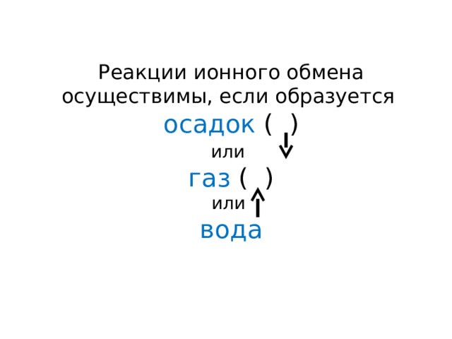 Реакции ионного обмена осуществимы, если образуется осадок ( ) или  газ ( ) или вода 