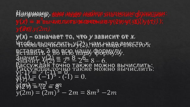 Например, вам надо найти значение функции: у( х ) = и вычислить значение у(2); у(-1); у( т); у(2т).  у( х ) – означает то, что у зависит от х.  Чтобы вычислить у(2), нам надо вместо х вставить 2 во всю нашу формулу.  Значит, у(2) = = 8 – 6.  Рассуждая точно также можно вычислить:  у(-1) = - (-1) = 0.  у( т ) =  у(2 т ) = (2 = 8     