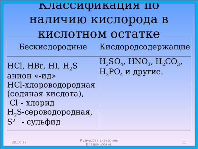 Классификация по наличию кислорода в кислотном остатке Бескислородные Кислородсодержащие HCl, HBr, HI, H 2 S анион «-ид»  HCl-хлороводородная (соляная кислота),  Cl - - хлорид  H 2 S-сероводородная, S 2- - сульфид H 2 SO 4 , HNO 3 , H 2 CO 3 , H 3 PO 4  и другие . 20.10.22 Кузнецова Екатерина Владимировна  