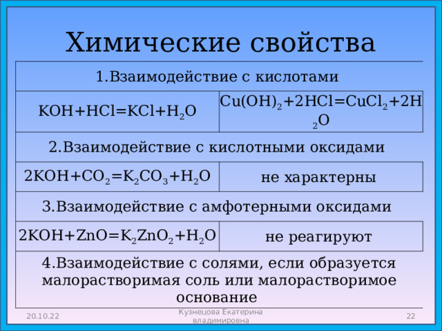 Химические свойства 1.Взаимодействие с кислотами KOH+HCl=KCl+H 2 O Cu(OH) 2 +2HCl=CuCl 2 +2H 2 O 2.Взаимодействие с кислотными оксидами 2KOH+CO 2 =K 2 CO 3 +H 2 O не характерны 3.Взаимодействие с амфотерными оксидами 2KOH+ZnO=K 2 ZnO 2 +H 2 O не реагируют 4.Взаимодействие с солями, если образуется малорастворимая соль или малорастворимое основание 20.10.22 Кузнецова Екатерина владимировна  